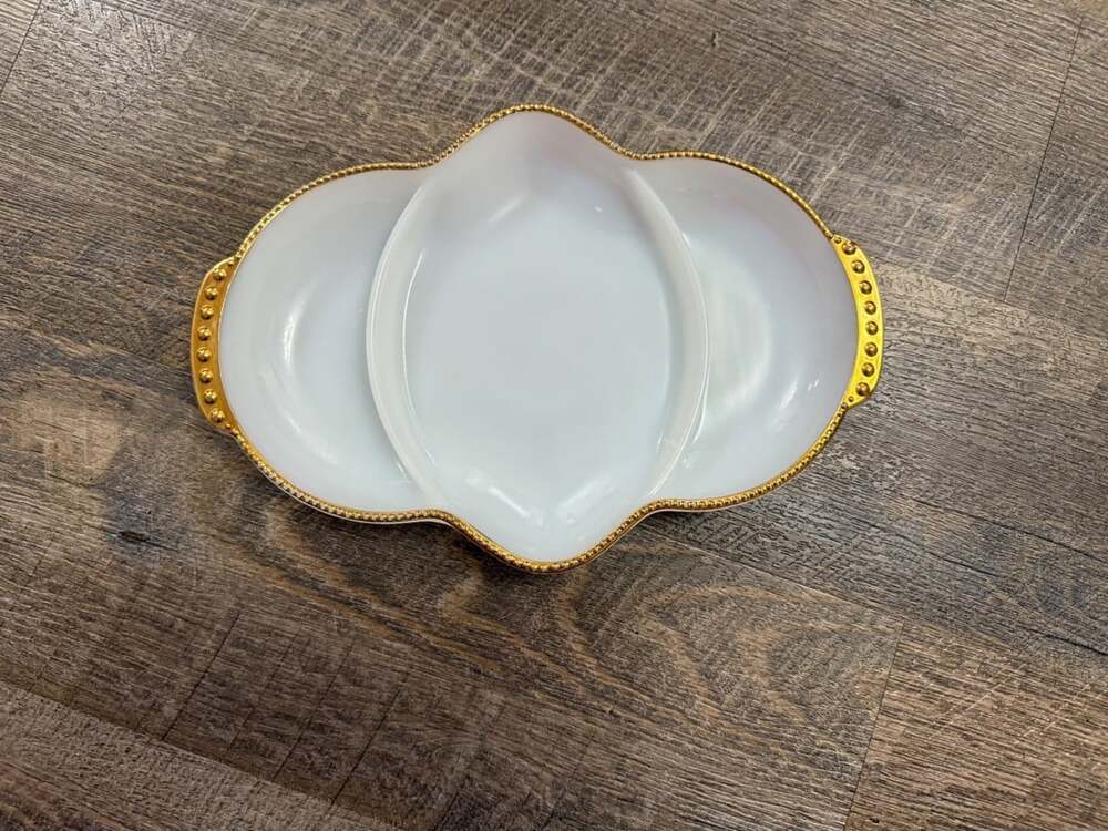 Vintage Anchor Hocking Fire King Wares Divided Milk Glass Tray - White Gold Trim